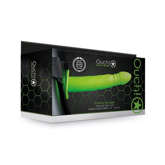 Ouch Twisted 8 in Glow in the Dark Hollow StrapOn Neon Green Shots America LLC Female Sex Toys Ouch Twisted 8 in Glow in the Dark Hollow StrapOn Neon Green Shots America LLC Female Sex Toys